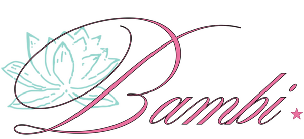 A stylized logo on a white background featuring the word 'Bambi' in pink cursive script with a small star accent, alongside a light blue lotus flower and dark curved line details.